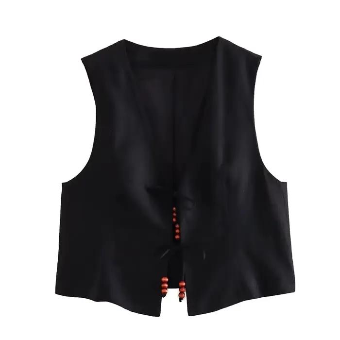 MUJER perles gilet sans manches femme col en V noir recadrée