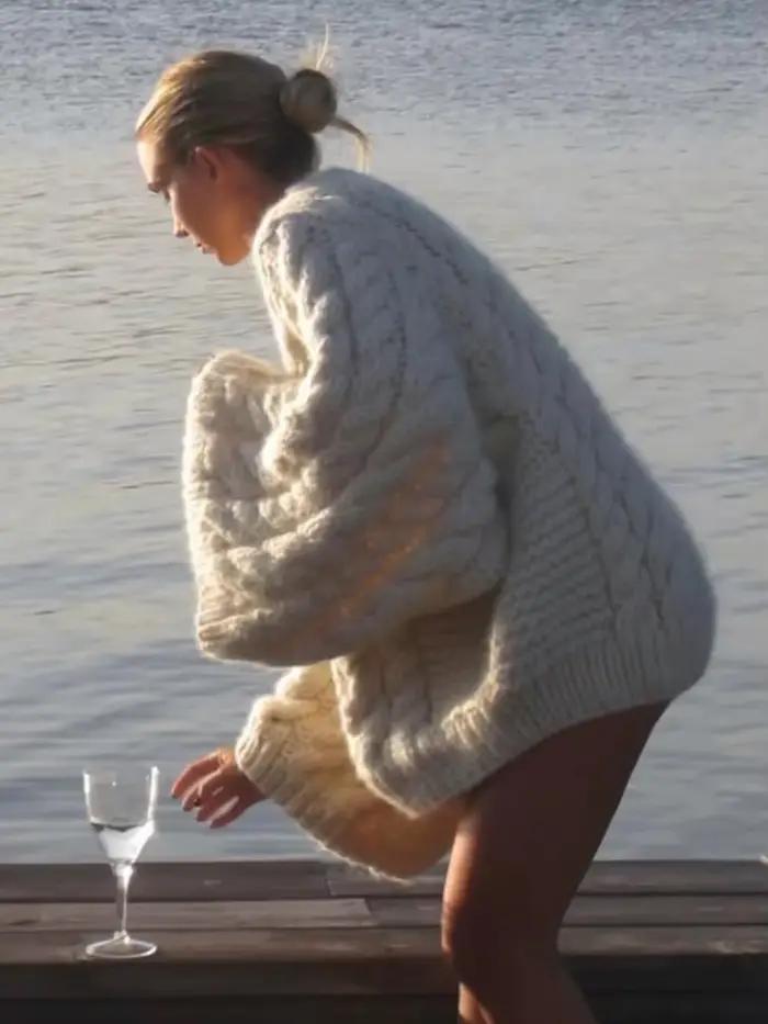 Tricoté torsadé à manches longues surdimensionné pull femmes décontracté col rond