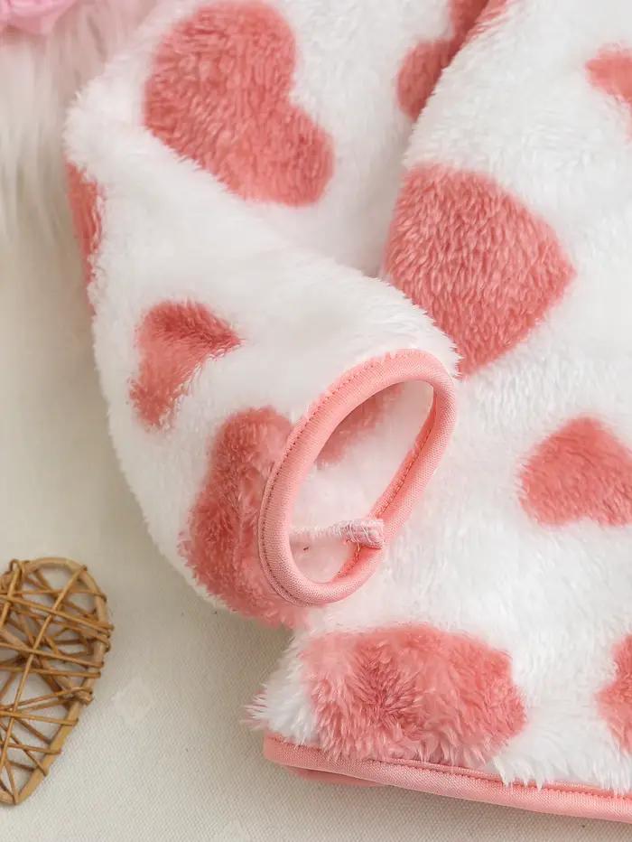 Ce cardigan chaud pour fille d'automne et d'hiver est sucré et mignon. C'est une base blanche avec des coeurs roses manteau en flanelle entièrement imprimé