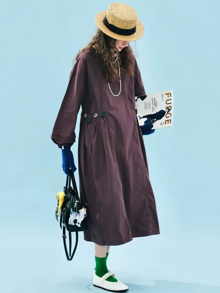 Robe Imakokoni 2025 automne Carmine violet rétro en coton lavé à la main pour femmes, mi-longue avec manches lanternes et col rond, pour occasions spéciales