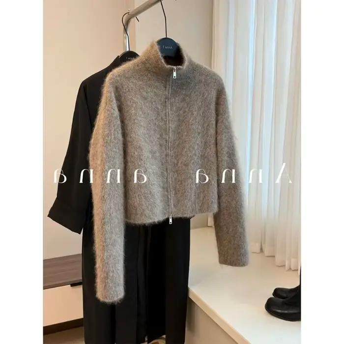 Maillard – veste Cardigan tricotée en Mohair marron avec fermeture éclair pour femme