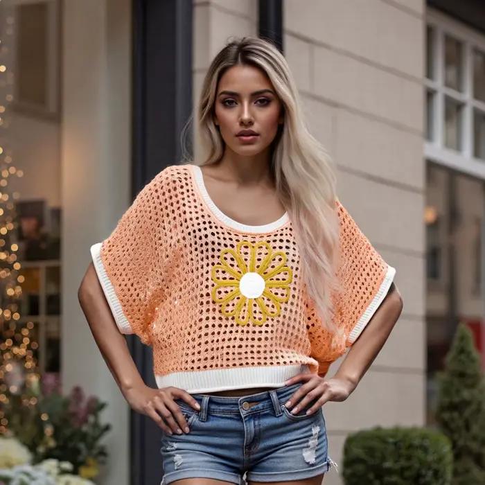 Haut Puloru Daisy en Polyester Brodé Fleur Pour Femmes Style Plage Occasions Spéciales