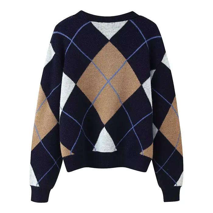 Pull décontracté à col rond bleu foncé à motif losanges