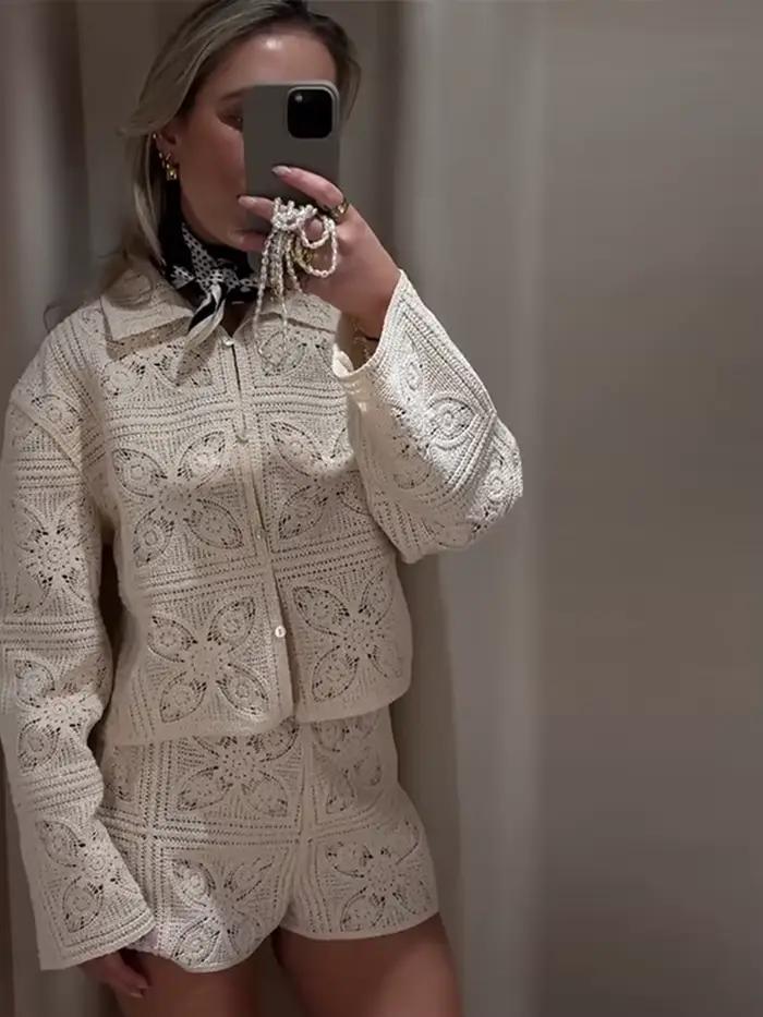 Ensemble 2 pièces en tricot ajouré pour femme