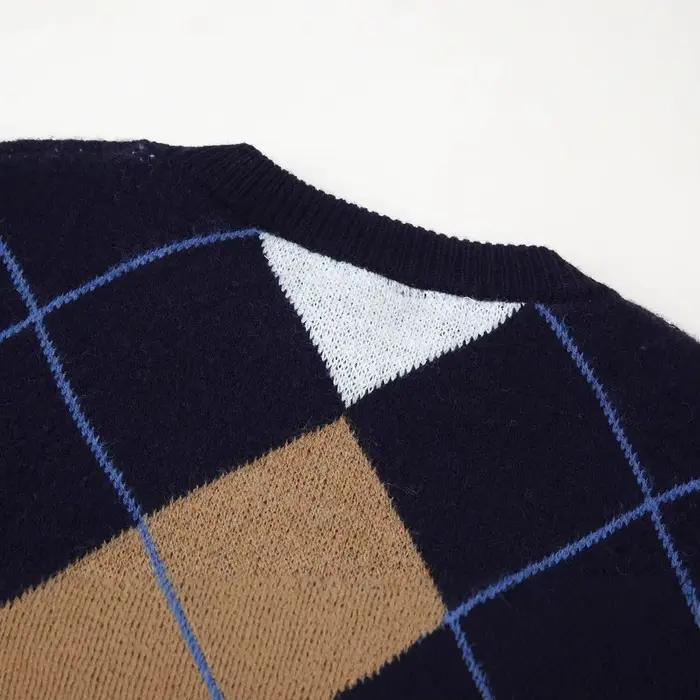 Pull décontracté à col rond bleu foncé à motif losanges