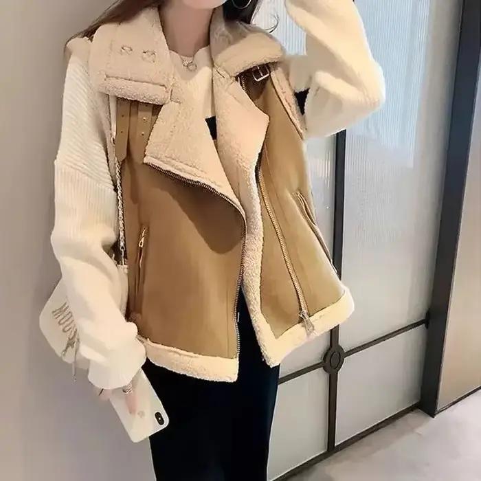 Gilet Femme Agneau Peluche Épais Coréen Élégant Pour Occasions Spéciales Automne Hiver Doux Élégant Mode