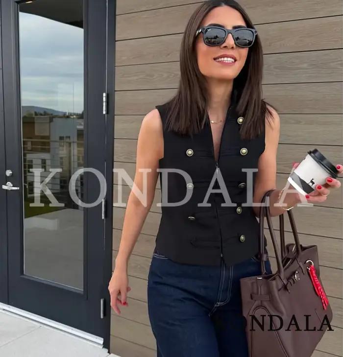 KONDALA Gilet Chic Femme Tendance Urbaine Élégant Vintage avec Boutons Décoratifs Veste