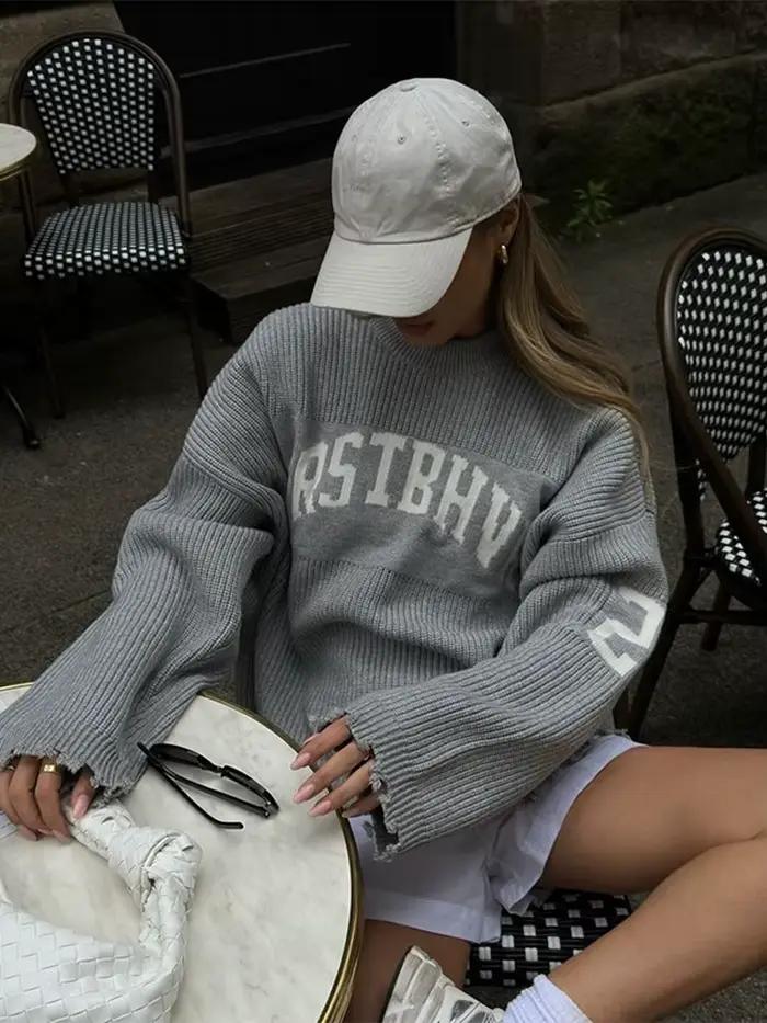 Pull tricoté Jacquard avec lettres amples pour femme