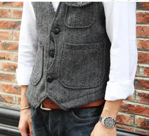 Gilet d'outillage décontracté formel en Tweed à chevrons marron col en V