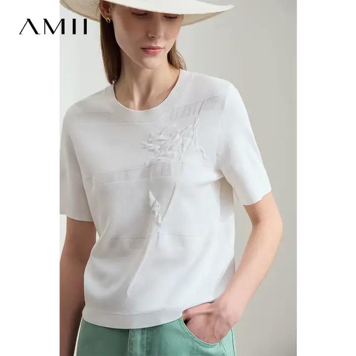 AMII minimaliste été chandails femmes 2025 imprimer col rond manches courtes pulls femme mode décontracté tricoté hauts 12522078