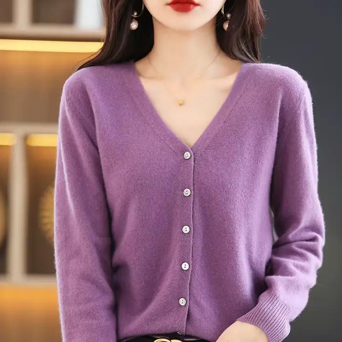 Veste pull courte tricotée à col en v pour femme