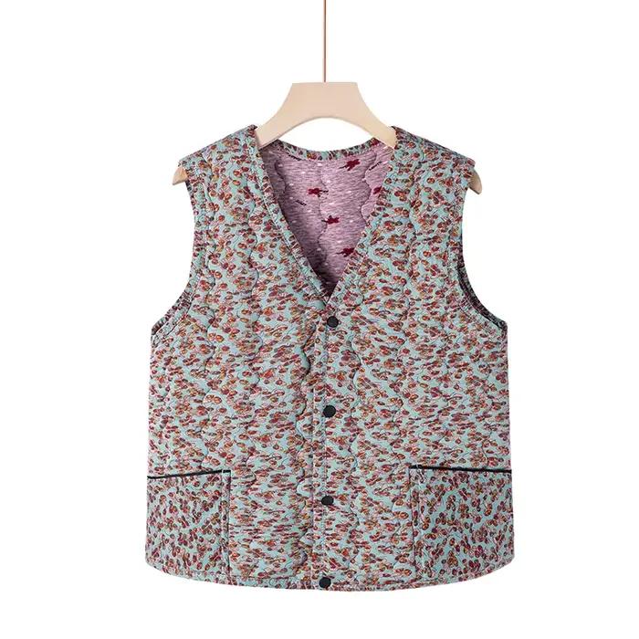 Gilet en polyester tricoté à fleurs pour femmes, coton chaud, col en V, boutons et poches, pour automne et hiver