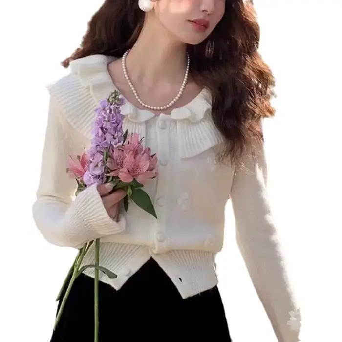 Pull tricoté Vintage à col feuille de Lotus pour femme