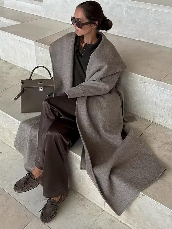 Élégant grand col Long manteau femmes rétro Chic lâche châle Tweed manteaux avec ceinture femme 2025 hiver décontracté rue vêtements d'extérieur