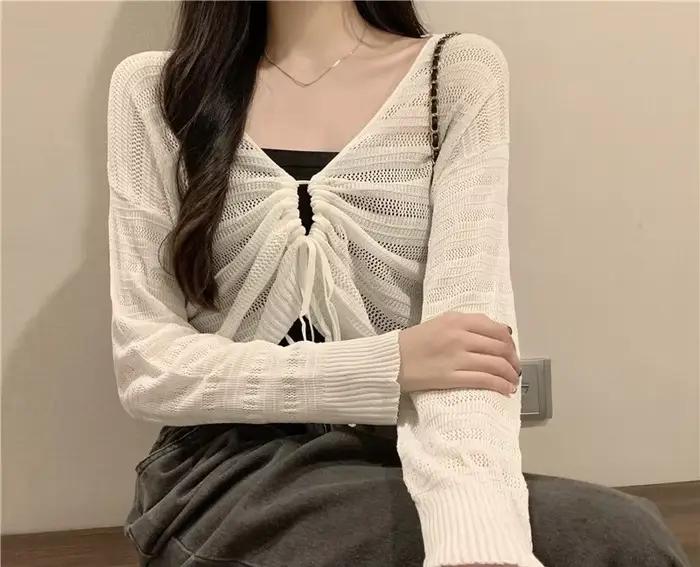Cardigan rose réversible en tricot ajouré avec cordon de serrage pour femme