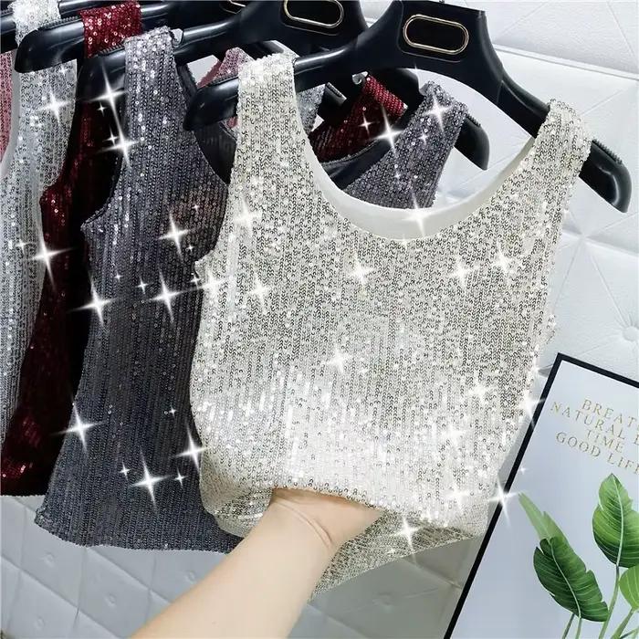 Gilet à paillettes scintillantes et col rond pour femmes