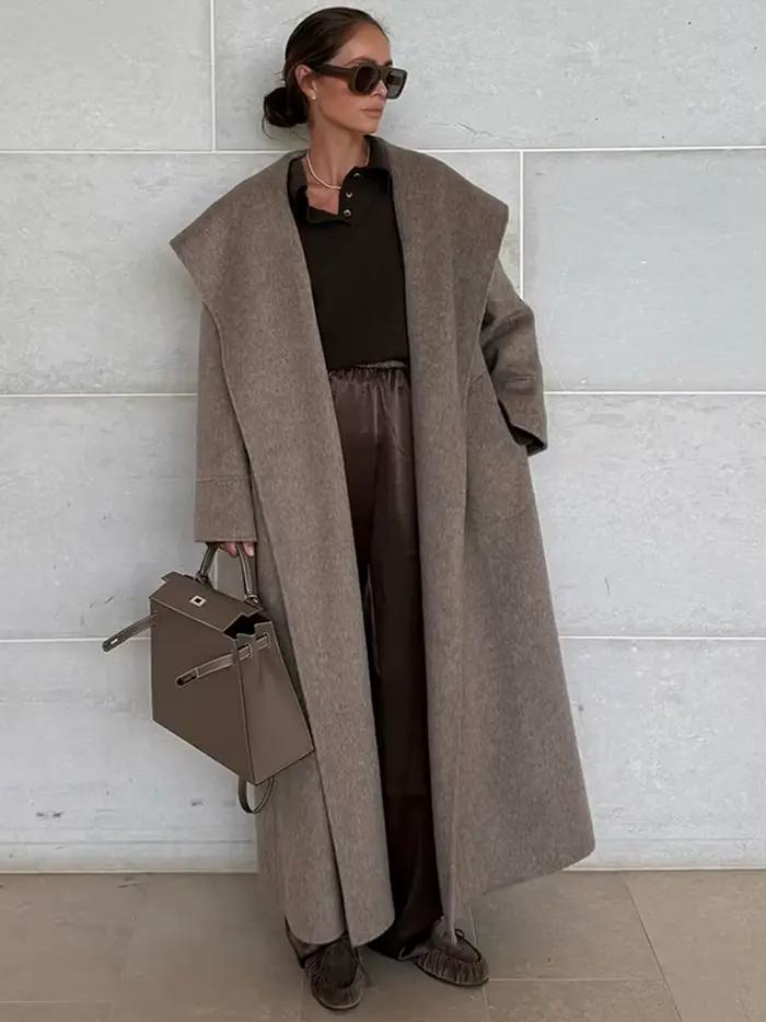 Élégant grand col Long manteau femmes rétro Chic lâche châle Tweed manteaux avec ceinture femme 2025 hiver décontracté rue vêtements d'extérieur
