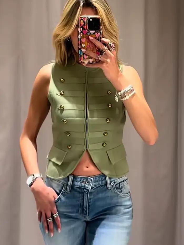 Gilet Vintage Femme Col Montant Style Militaire Sans Manches Boutonné Élégant Pour Femmes Occasions Spéciales Été 2026