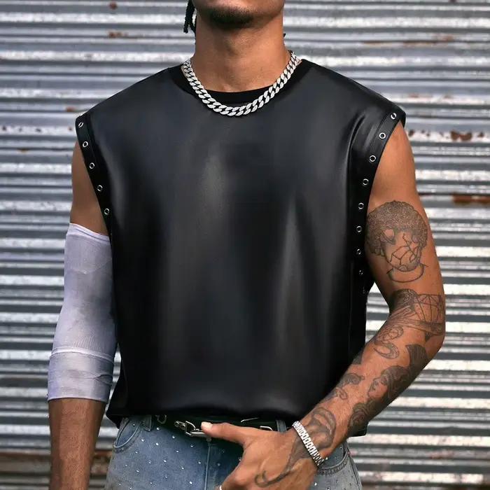Gilet en cuir pour homme, t-shirts en cuir PU tendance, débardeurs de motard, streetwear, qualité supérieure