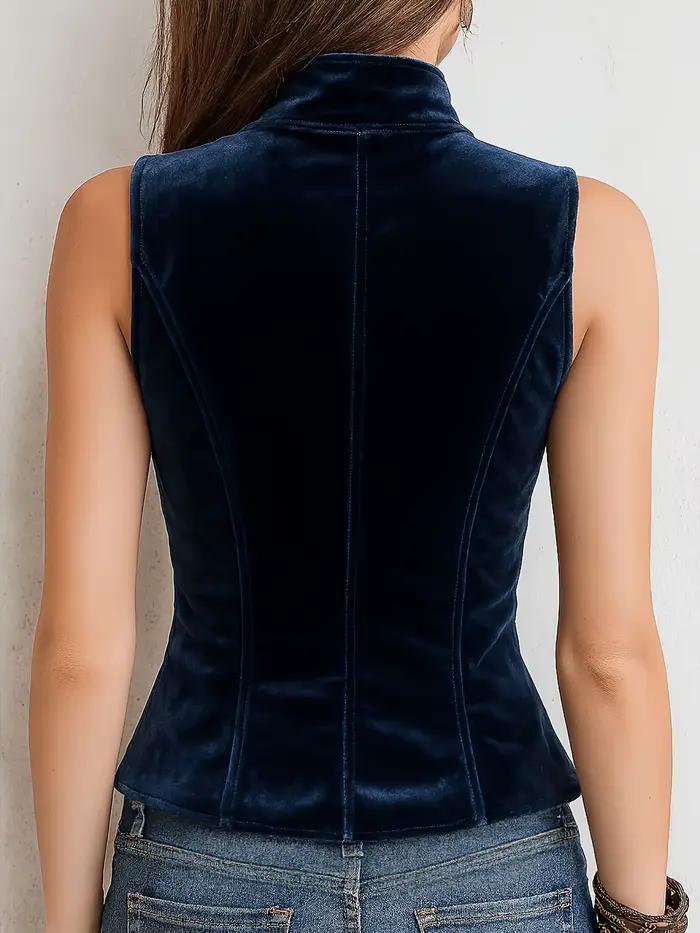 Gilet boutonné à col montant rétro pour femme, vêtement élégant et classique