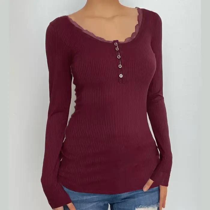 T-shirt Femme Dentelle Boutonné Style Vintage Prêt-à-Porter Occasions Spéciales Automne Été Mode Élégante Manches Longues