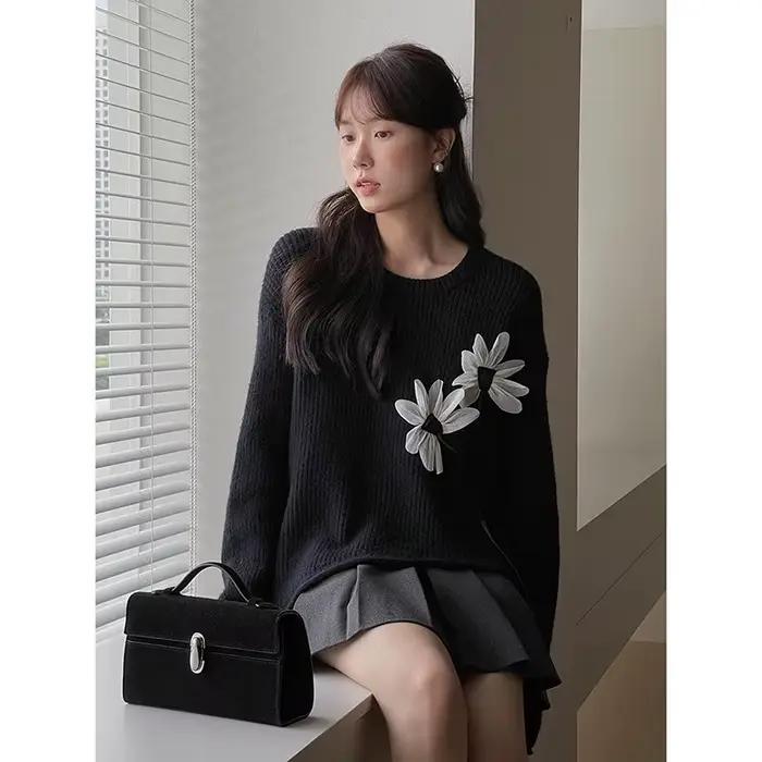 Pull rétro à fleurs tridimensionnelles pour femmes