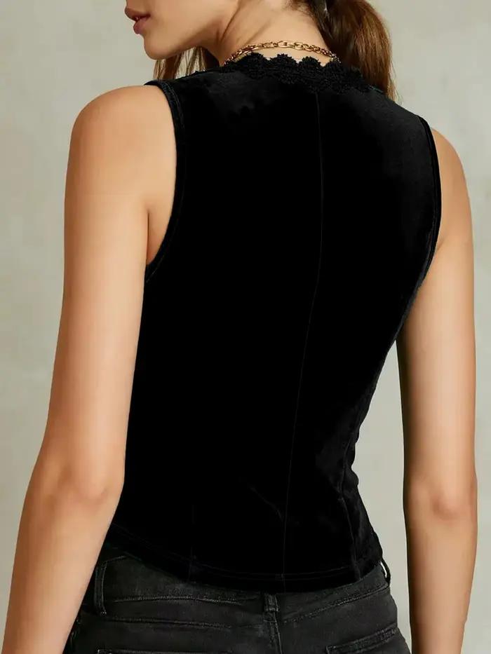 Gilet femme en velours uni à col en V et bordure en dentelle