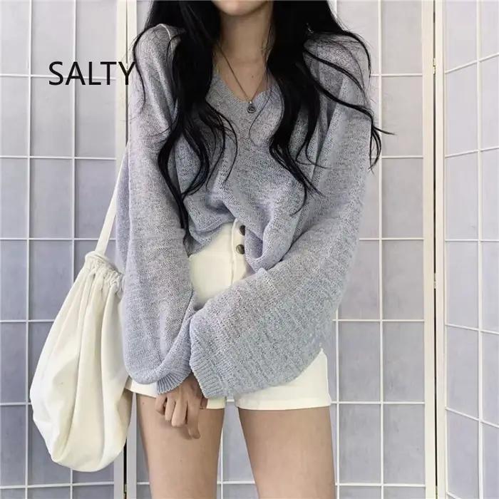 Col en v tricots femmes 2025 nouveau automne couleur unie hauts Style ample à manches longues bureau pulls femme