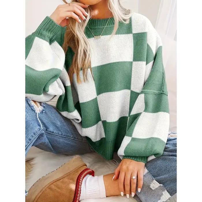 2025 pull nouveau couleur contrastée damier tricoté