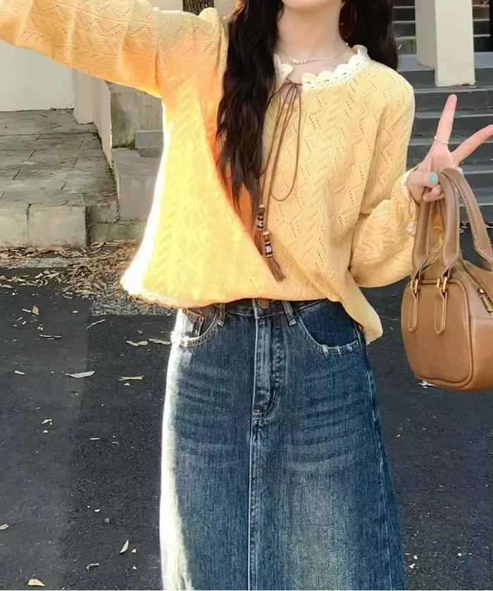 Pull en tricot ajouré jaune doux et élégant pour femme