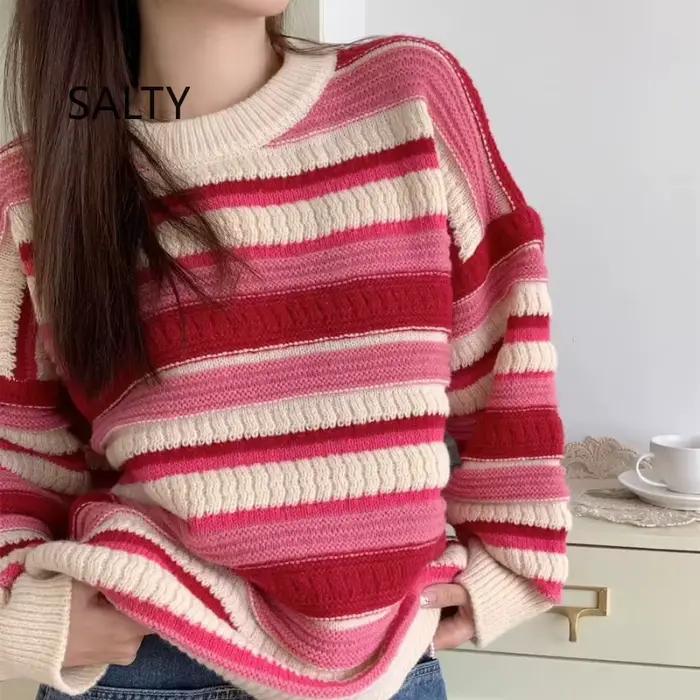 2025 japonais coloré rayé tricot pull femmes printemps et automne nouveau Style ample