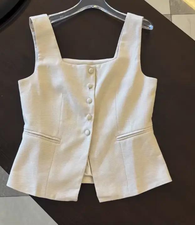 Gilet cintré en mélange de lin pour femme, col carré, sans manches, boutonné
