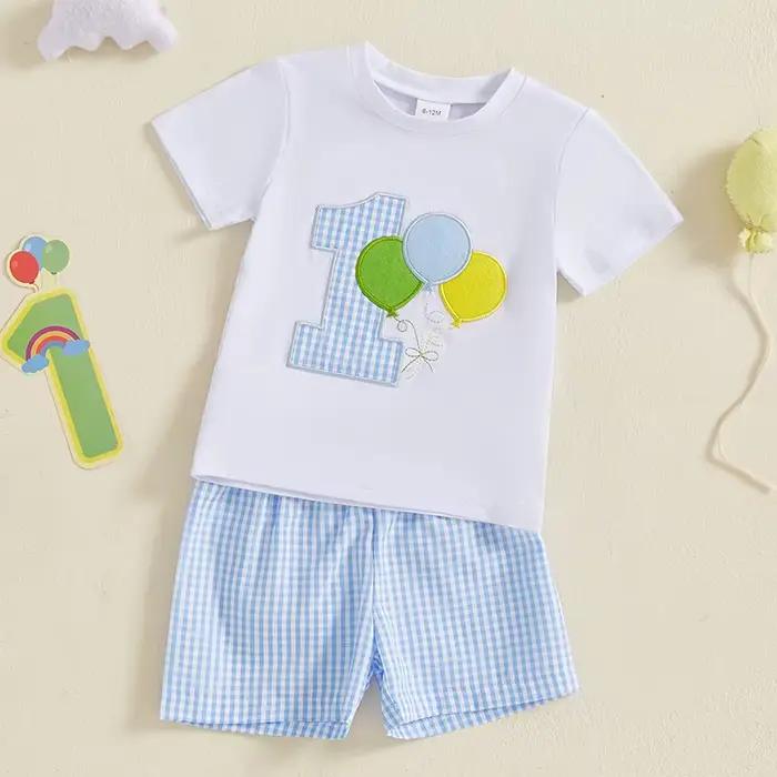 Tenue de premier anniversaire pour bébé garçon, t-shirt à manches courtes et Short avec 1 ballon, vêtements d'anniversaire d'un an