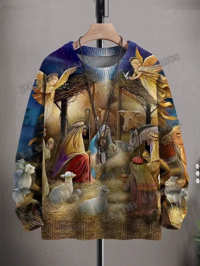 Noël jésus naissance Art & mignon alces Art 3D imprimé hommes tricoté pull hiver unisexe décontracté tricot
