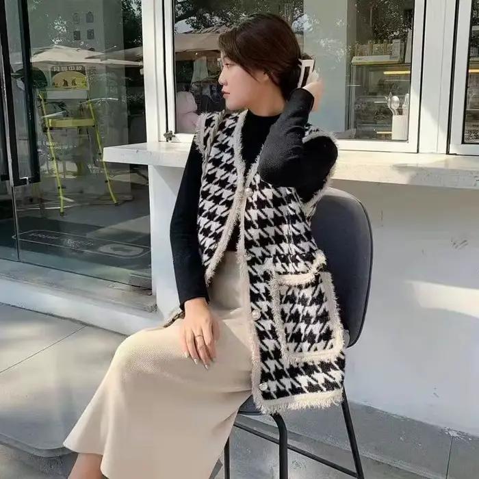 Gilet pied-de-poule blanc pour femme
