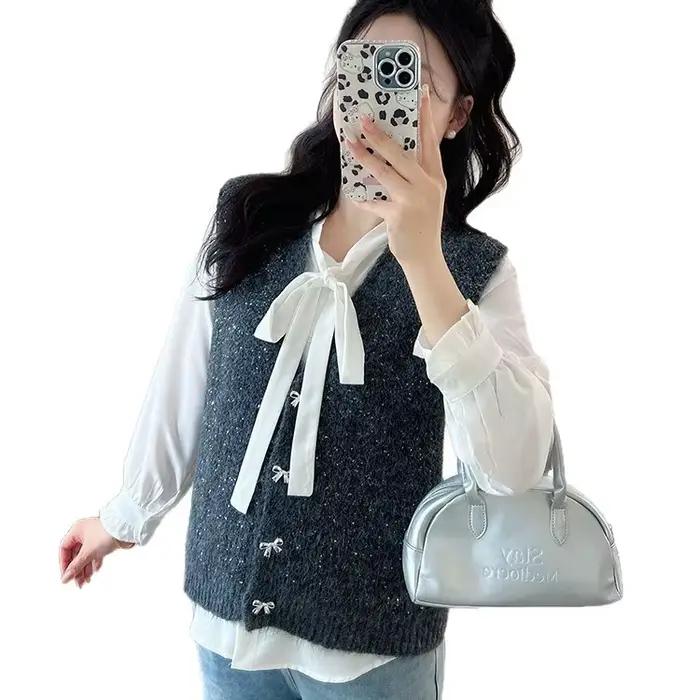 Gilet tricoté Design Sense 2026 – Collection Automne-Hiver – Vêtement décontracté ample avec nœud pour femme –