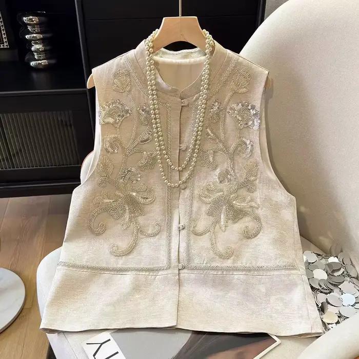 Gilet de luxe brodé de fleurs pour femme