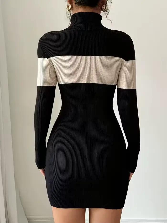 Robe en tricot ajustée à col montant et blocs de couleur – Vêtement élégant pour femme automne/hiver