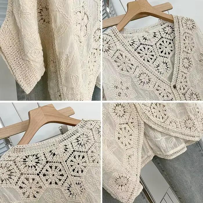 Cardigan en crochet bohème - Couverture en dentelle florale et géométrique romantique pour les vacances et le quotidien