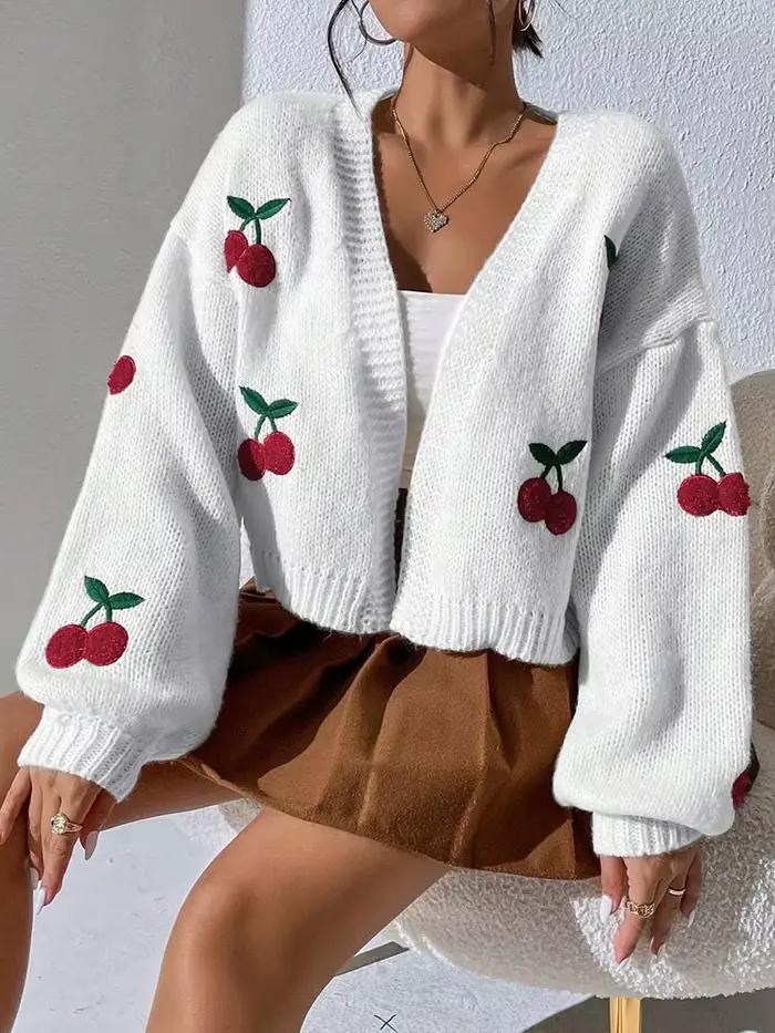 Cardigan tendance à épaules tombantes avec motif brodé cerise