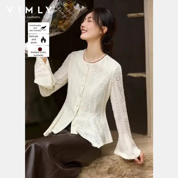 VIMLY Cardigan Élégant pour Femme Hiver 2026 Décontracté Uni Manches Cloche Col Rond Blouse en Dentelle Coupe Ajustée