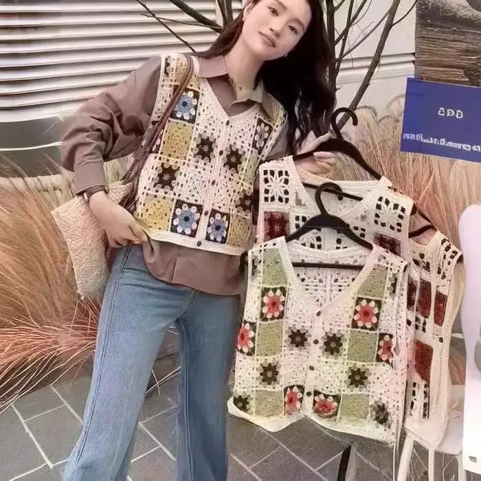 Gilet sans manches en tricot ajouré pour femme