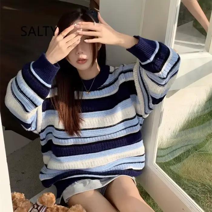 2025 japonais coloré rayé tricot pull femmes printemps et automne nouveau Style ample