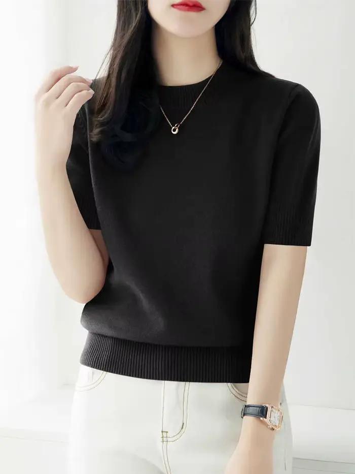 Pulls en tricot, nouveau pull en tricot noir à col rond pour femmes