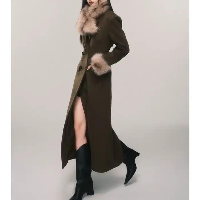 Vintage col de fourrure Double boutonnage taille Corset sablier écharpe amovible Long manteau en laine