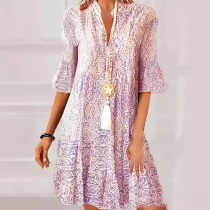 Mode Vintage imprimé femme pull robes 2025 printemps été col en V à manches courtes robe décontracté femmes lâche