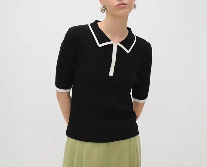 Pull en tricot côtelé à col polo et bloc de couleurs pour femme
