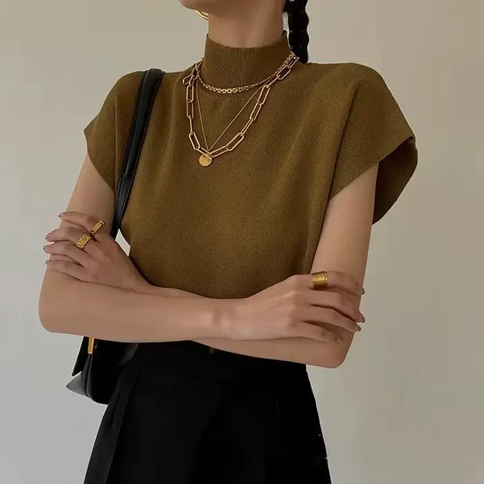 Mode col montant mince femmes tricoté gilet ample solide élégant hauts droits à manches courtes bureau dame t-shirt