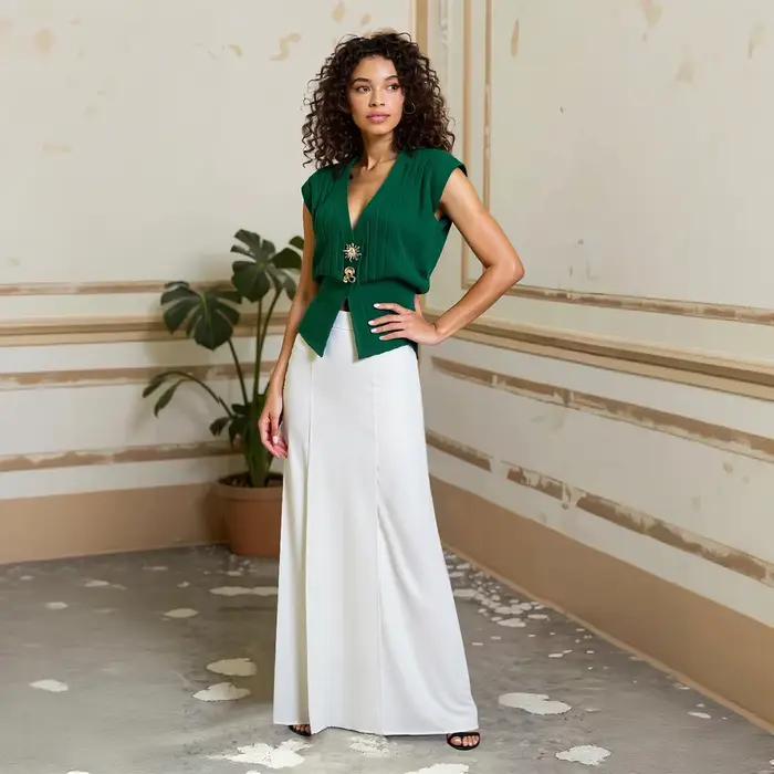 UOOZEE femmes Vintage élégant vert tricot gilet hauts boucle d'or sans manches col en v recadrée formel affaires
