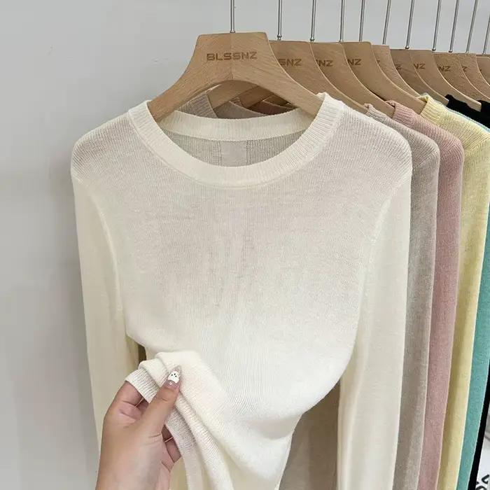 OCEANLOVE couleur bonbon mince Femme chandails solide col rond mode coréenne pulls bases printemps automne doux Pull